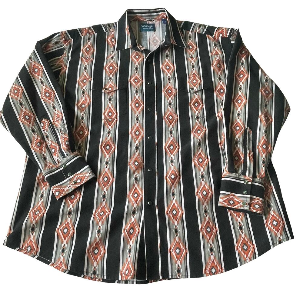 Vintage 90s Wrangle Brushpopper Pearl Snap‎ Shirt Mens XXL Black Orange Western